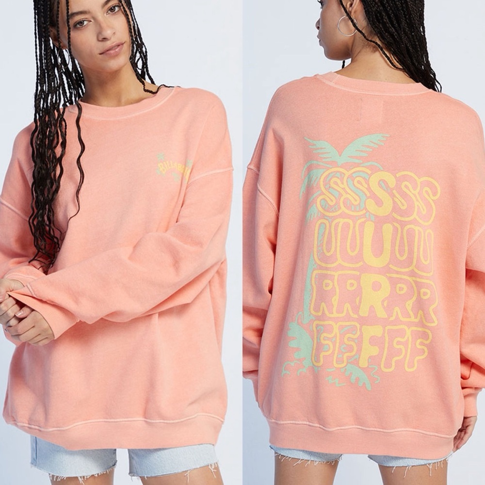 BILLABONG Ride In Oversized Crewneck Graphic Sweatshirt Surf Peach Neon